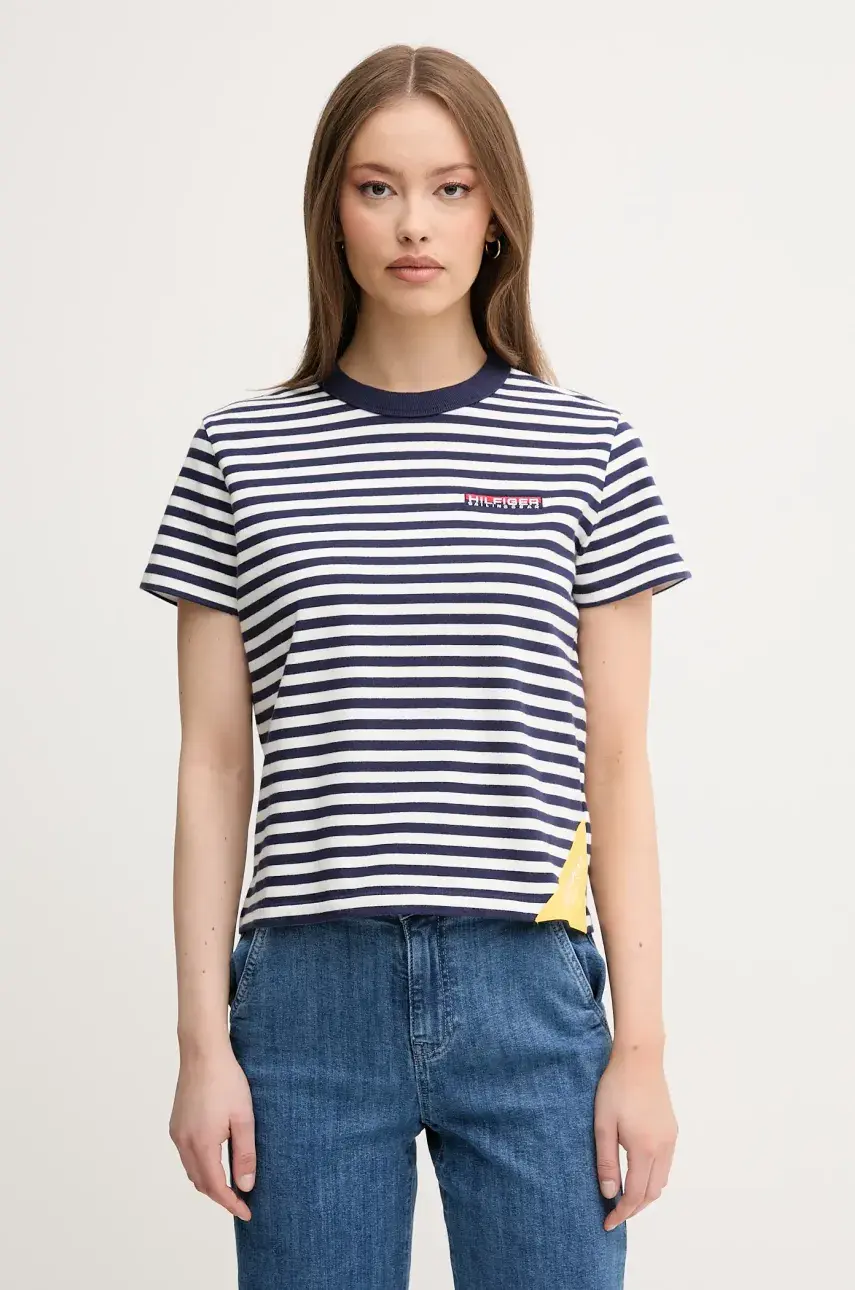 Bavlnené tričko Tommy Hilfiger SAILING dámske, tmavomodrá farba, WW0WW45935