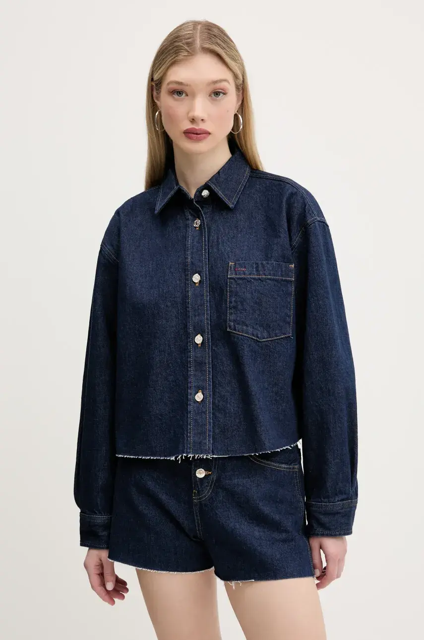 Rifľová bunda Tommy Jeans tmavomodrá farba, prechodná, oversize, DW0DW20567