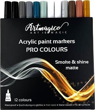 Artmagico Pro Smoke and Shine akrylové fixky, čierno-biele a metalické odtiene, 12 ks