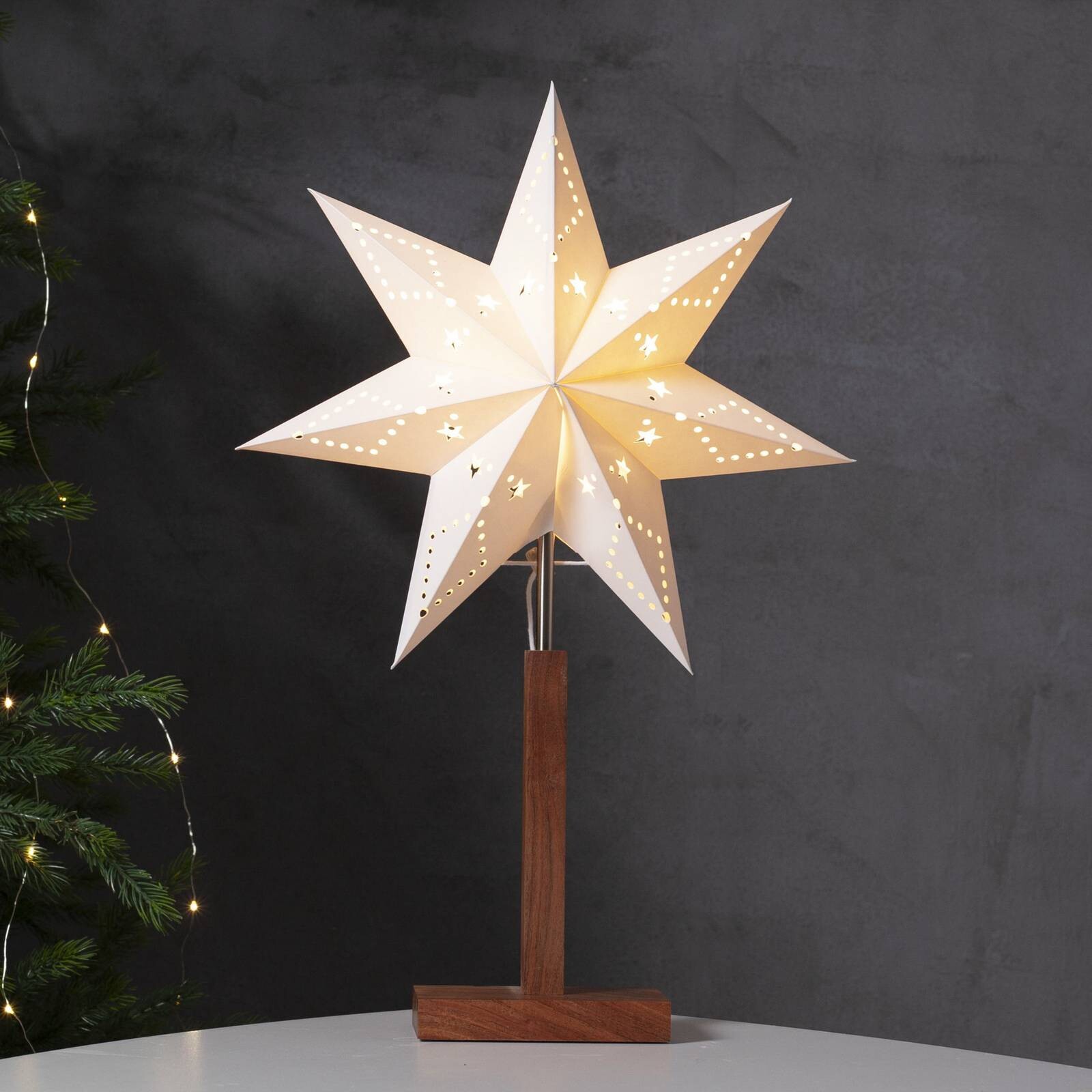 Stolová lampa Karo, biela, 55 cm, papier, akáciové drevo, hviezda