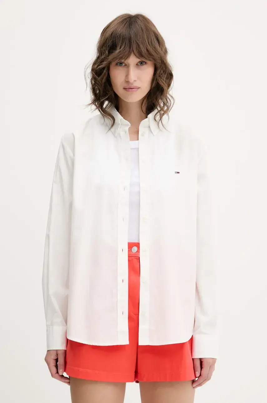 Bavlnená košeľa Tommy Jeans biela farba, voľný strih, s klasickým golierom, DW0DW20290