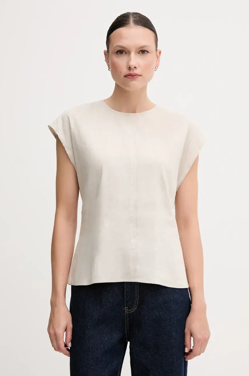 Ľanová blúzka Calvin Klein béžová farba, melanžová, LV044B120G