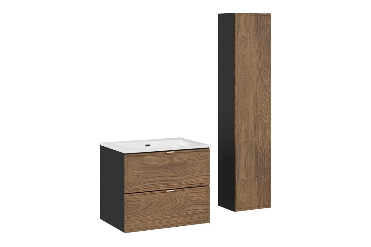 Koupelnová sestava s deskou, skříňkami a zápustným umyvadlem Talia Casella 60 cm černý mat/dub casella