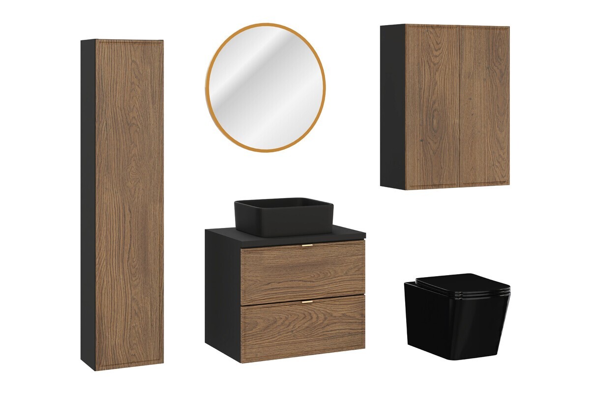 Koupelnová sestava s deskou, skříňkami umyvadlem, zrcadlem a toaletou Talia Casella 60 cm černý mat/dub casella