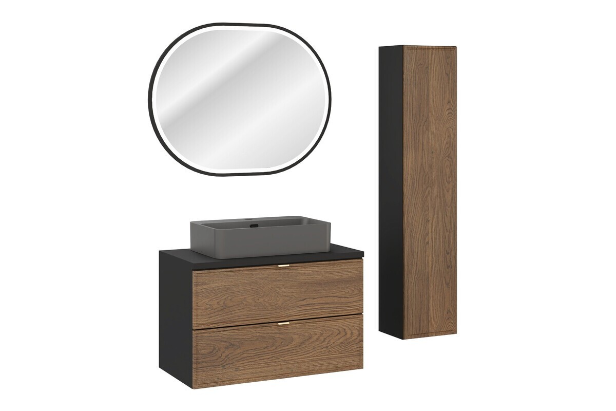 Koupelnová sestava s deskou, skříňkami, umyvadlem a zrcadlem Talia Casella 80 cm černý mat/dub casella