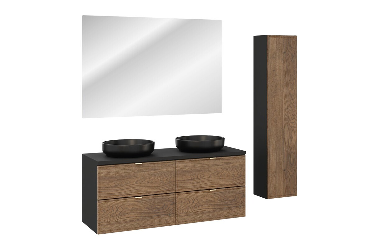 Koupelnová sestava s deskou, skříňkami, umyvadly a zrcadlem Talia Casella 120 cm černý mat/dub casella
