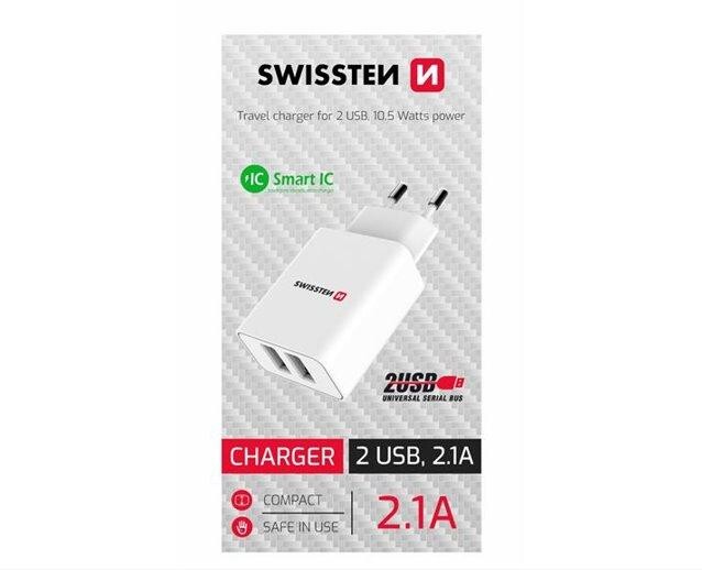 SWISSTEN SIEŤOVÝ ADAPTÉR SMART IC, CE 2x USB 2,1 A POWER BIELÝ (SAMOPREDÁVAČ)