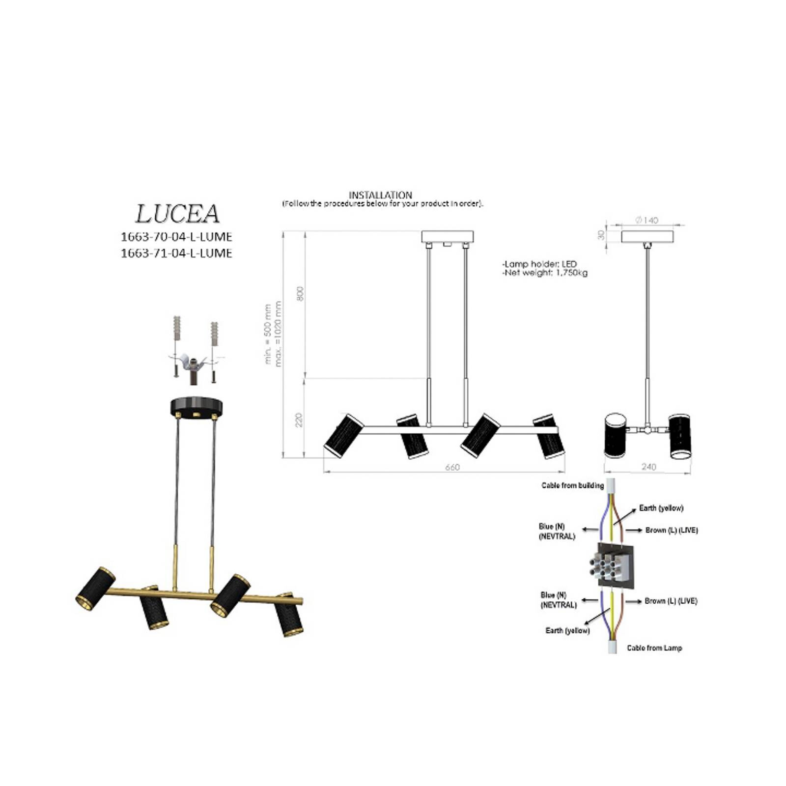 Závesná lampa Lume čierna/zlatá antická dĺžka 66 cm 4-svetelný kov