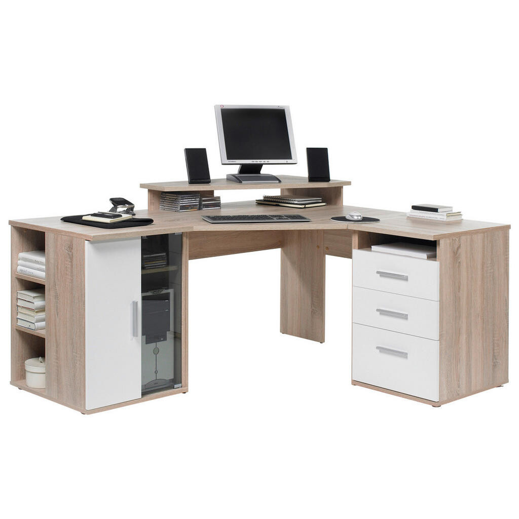 Carryhome ROHOVÝ PÍSACÍ STÔL, biela, dub sonoma, 140/173/75 cm