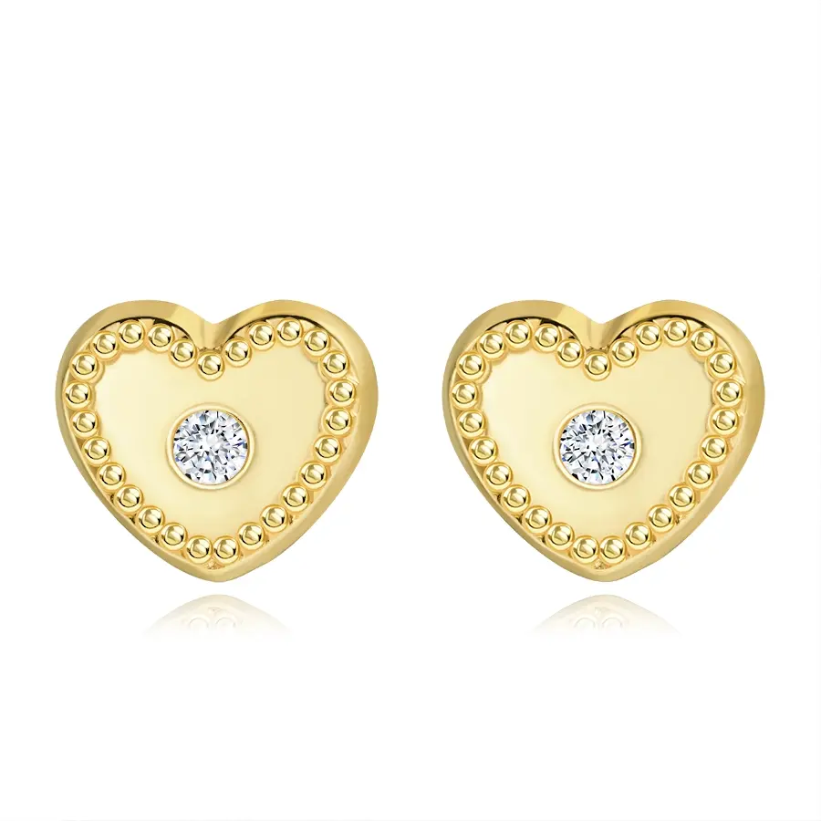 Zlaté náušnice 14K srdce so zirkónom a vrúbkovaným lemom