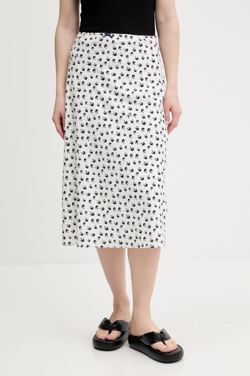 Sukňa Tommy Jeans béžová farba, midi, rovný strih, DW0DW20272