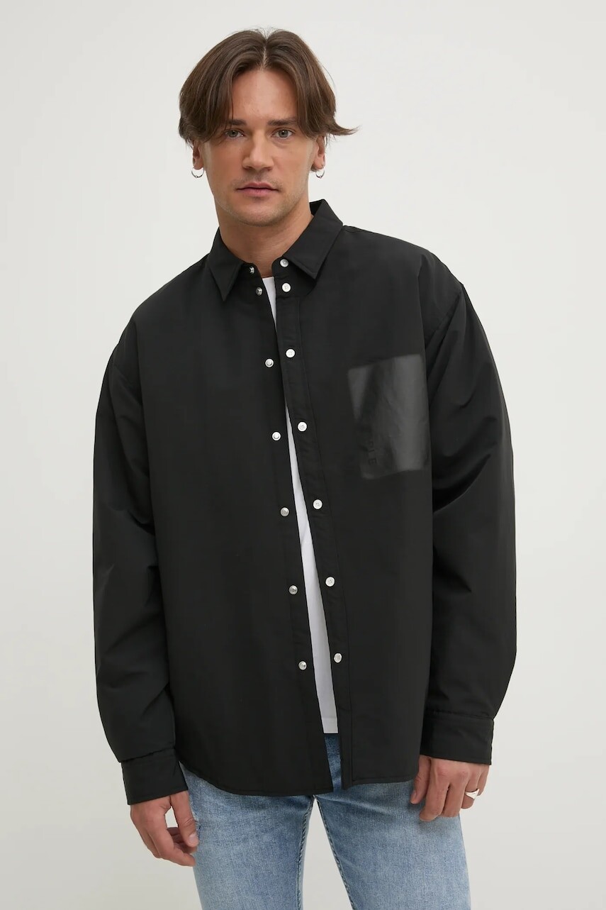 Bunda PURPLE BRAND SNAP FRONT SHIRT JACKET čierna farba, prechodná, M3078-CNBB125