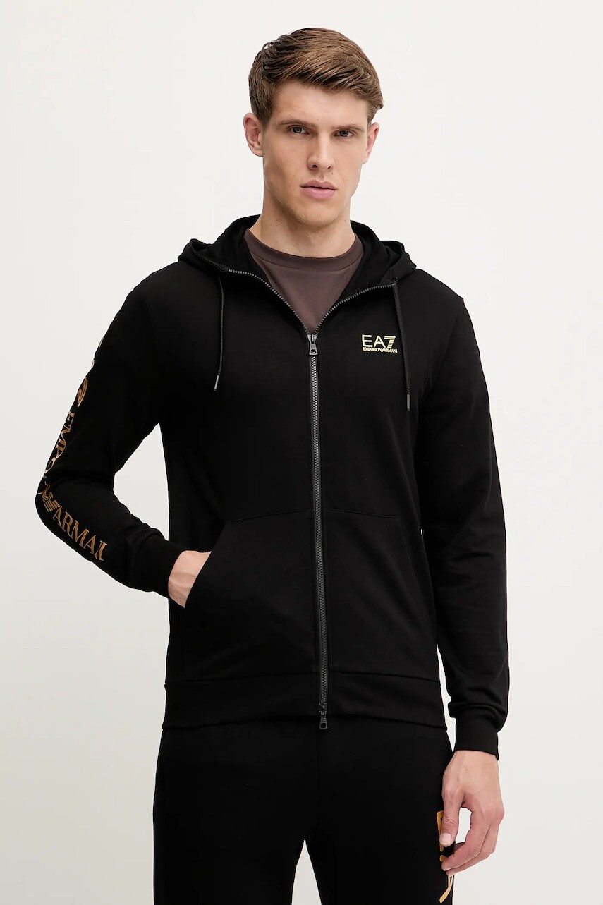 Bavlnená mikina EA7 Emporio Armani čierna farba, s kapucňou, s potlačou, AF13512.7M000568