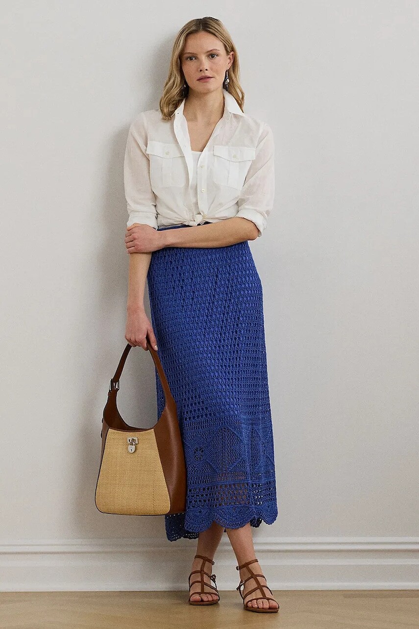 Ľanová sukňa Lauren Ralph Lauren midi, rovný strih, 200971148