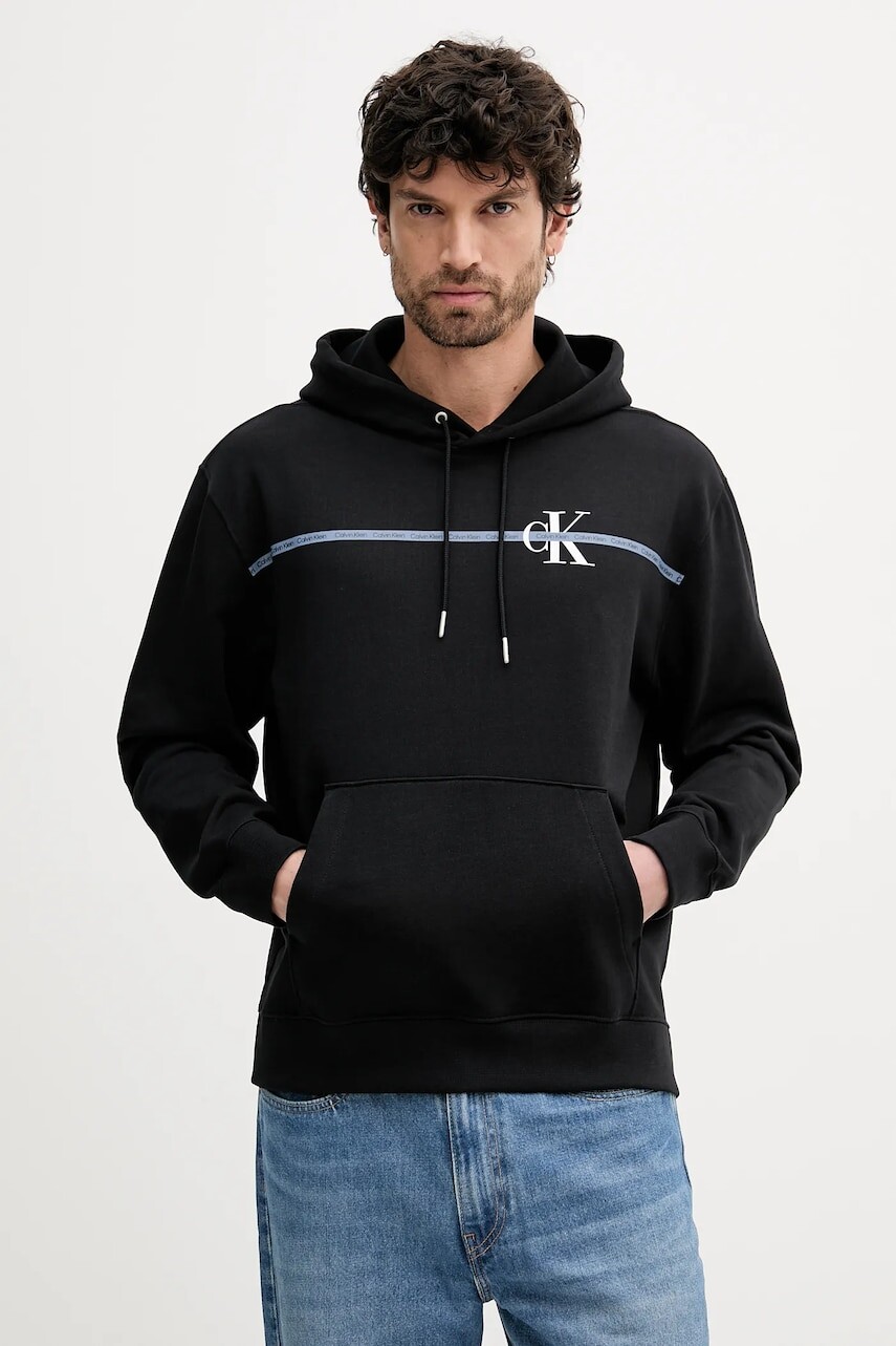 Mikina Calvin Klein čierna farba, s kapucňou, s potlačou, LV04RC289G