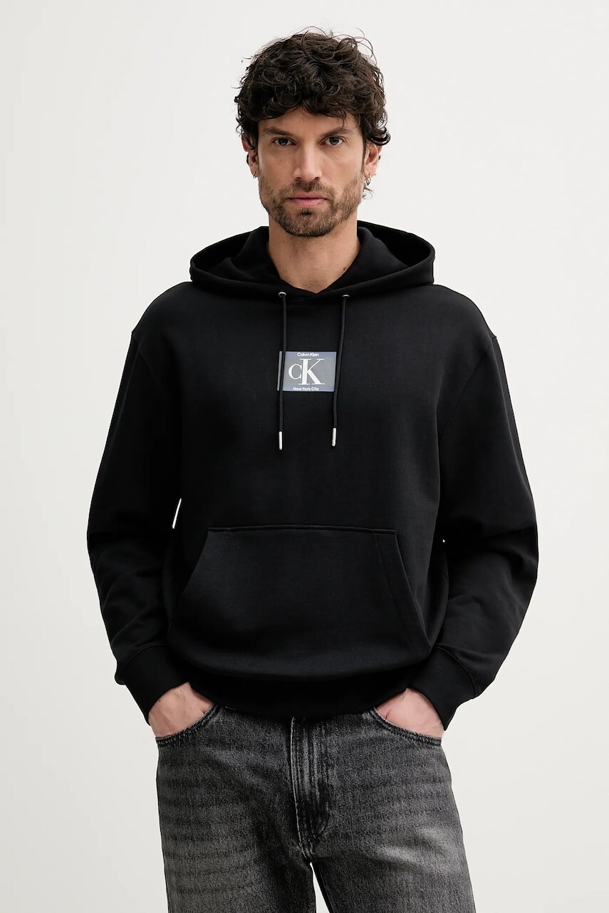 Mikina Calvin Klein čierna farba, s kapucňou, s potlačou, LV04RC286G