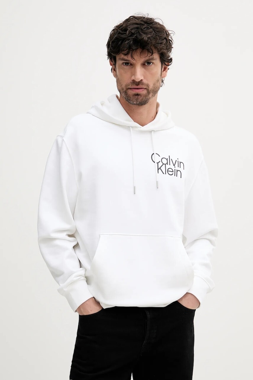 Mikina Calvin Klein biela farba, s kapucňou, s potlačou, LV04RC288G