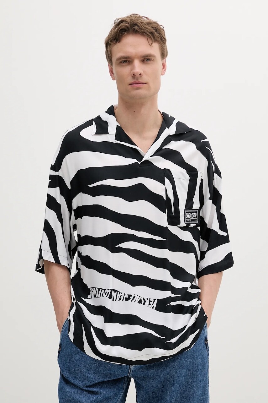 Polo tričko Versace Jeans Couture pánske, čierna farba, vzorovaná, 78GAG628 NS595