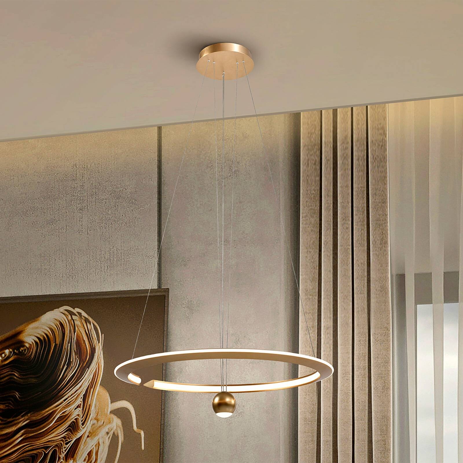 LED závesné svietidlo Orane zlatej farby, výškovo nastaviteľné, Ø 60 cm