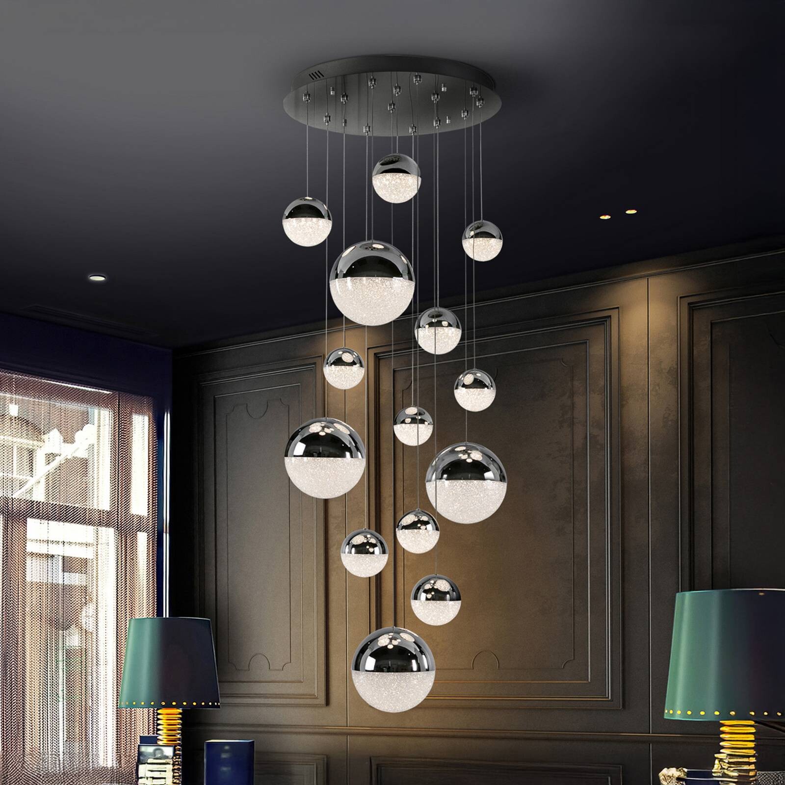 LED závesné svietidlo Sphere, 14 svetiel, chróm, stmievateľné, Ø 60 cm