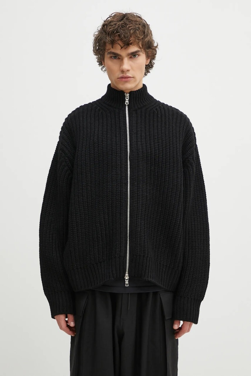 Kardigán s prímesou vlny MKI MIYUKI ZOKU Chuky Rib Knit Track Jacket pánsky, čierna farba, CHUKY.RIB.KNIT.TRACK.BL