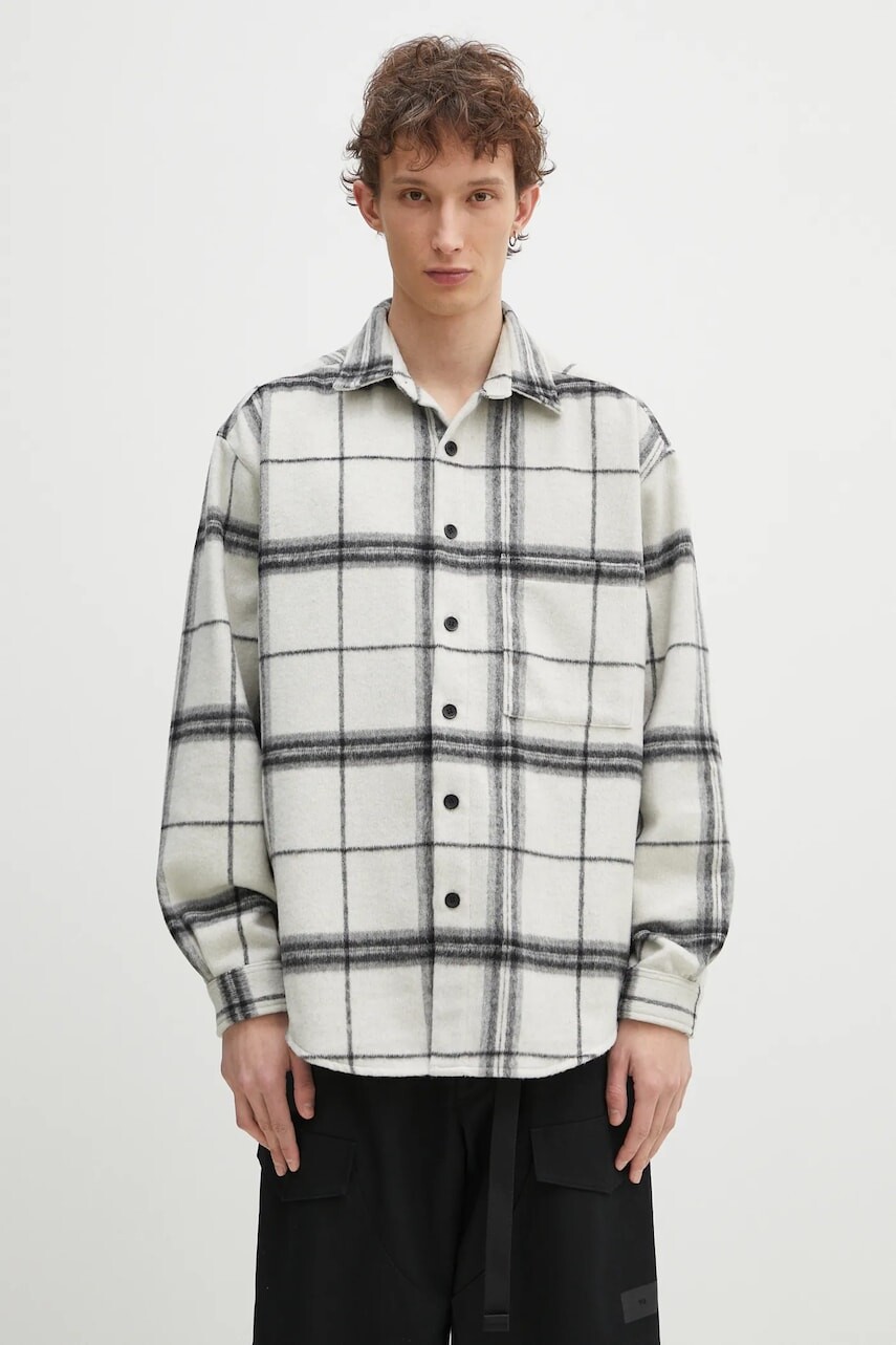 Košeľa s prímesou vlny MKI MIYUKI ZOKU Check Flannel Shirt pánska, béžová farba, voľný strih, s klasickým golierom, CHECK.FLANNEL.SHIRT.OFF