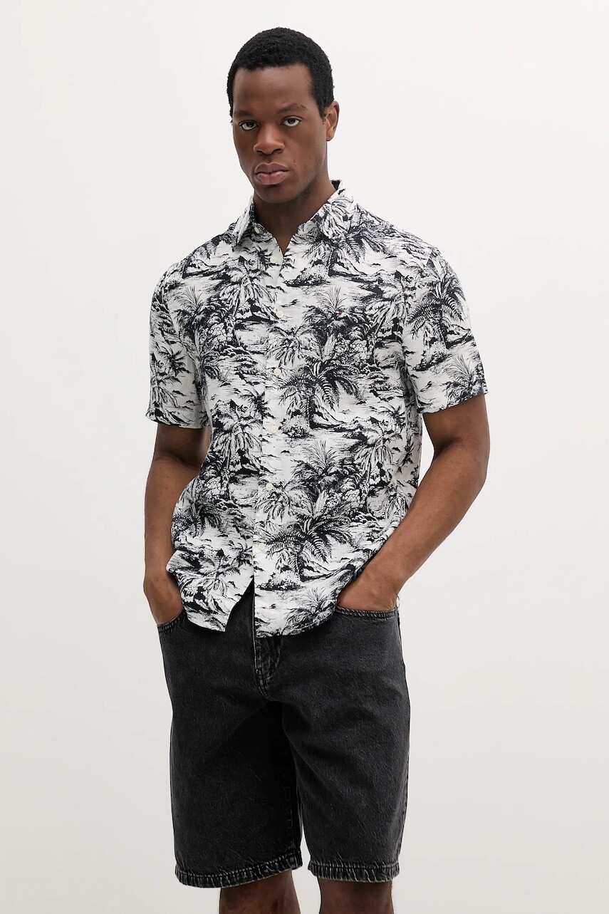 Ľanová košeľa Tommy Hilfiger tmavomodrá farba, regular, s klasickým golierom, MW0MW38587