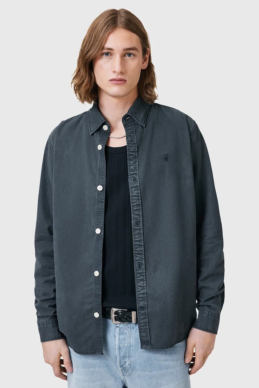 Košeľa AllSaints BODHI tmavomodrá farba, voľný strih, s klasickým golierom, M090SC