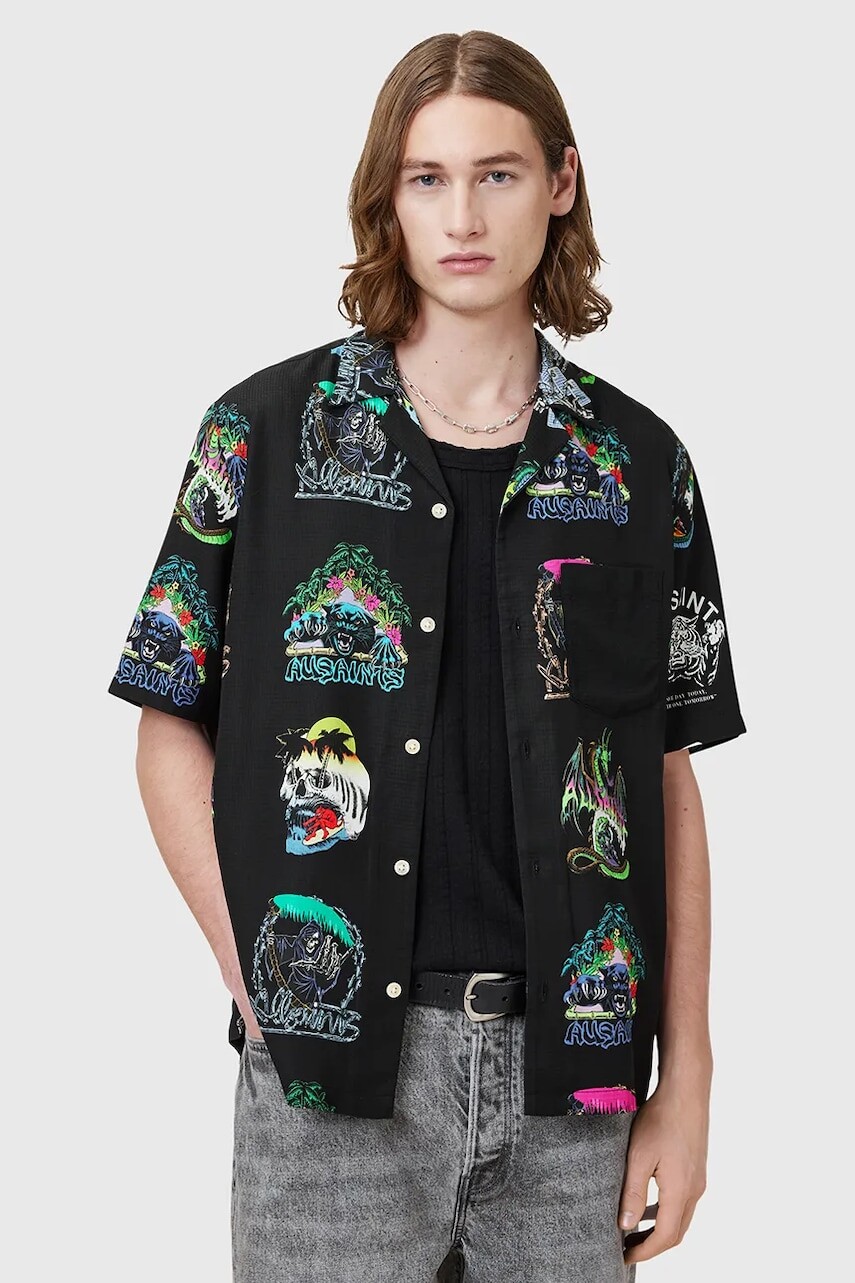 Košeľa AllSaints GNAR čierna farba, voľný strih, M059SC