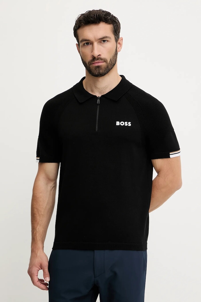 Polo tričko BOSS Green pánske, čierna farba, jednofarebné, 50537146