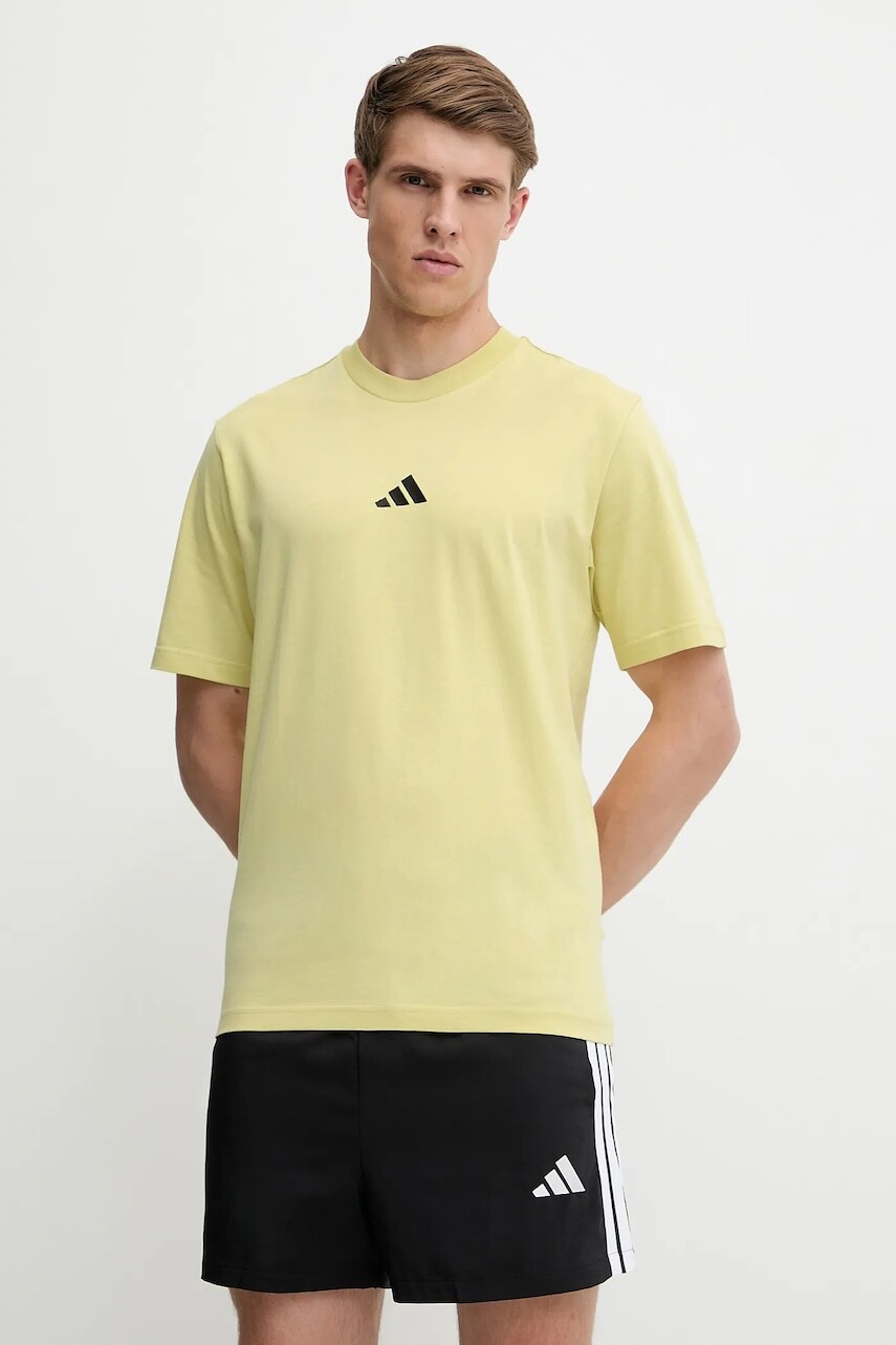 Bavlnené tričko adidas Essential pánske, žltá farba, s nášivkou, JD1777
