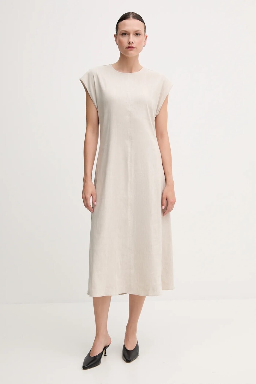 Ľanové šaty Calvin Klein béžová farba, midi, rovný strih, LV044B041G