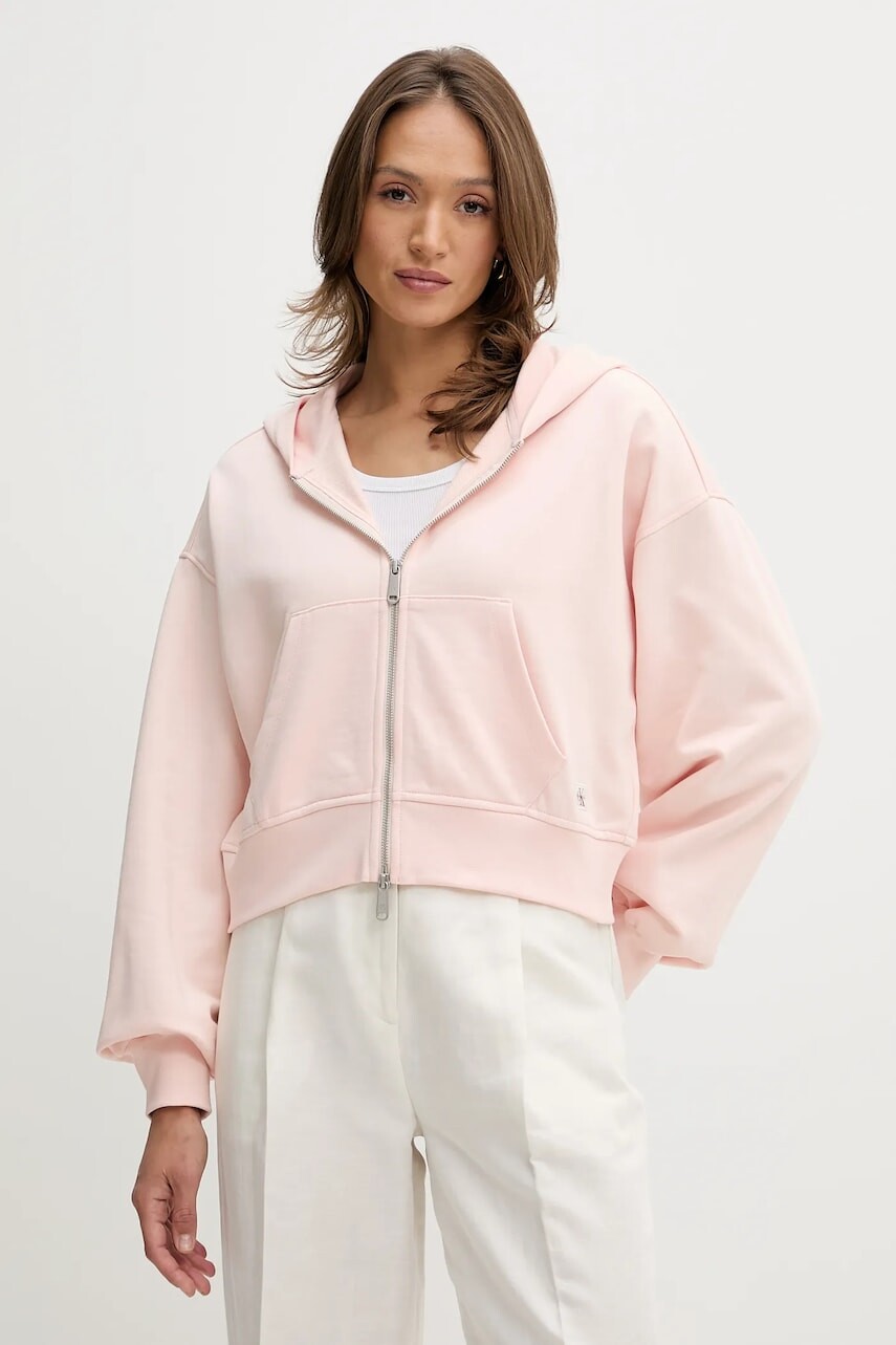 Bavlnená mikina Calvin Klein Jeans oranžová farba, s kapucňou, jednofarebná, LV047C216G