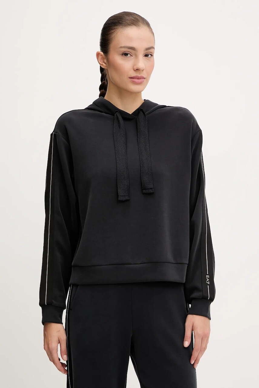 Mikina EA7 Emporio Armani čierna farba, s kapucňou, s nášivkou, AF12643.7W000172