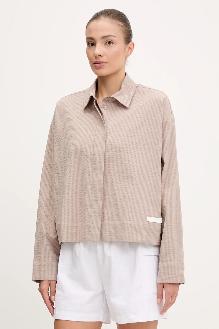 Košeľa EA7 Emporio Armani béžová farba, voľný strih, s klasickým golierom, AF12506.7W000162
