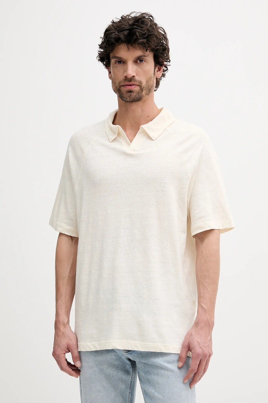 Ľanové polo United Colors of Benetton béžová farba, jednofarebné, 3UTFU302A