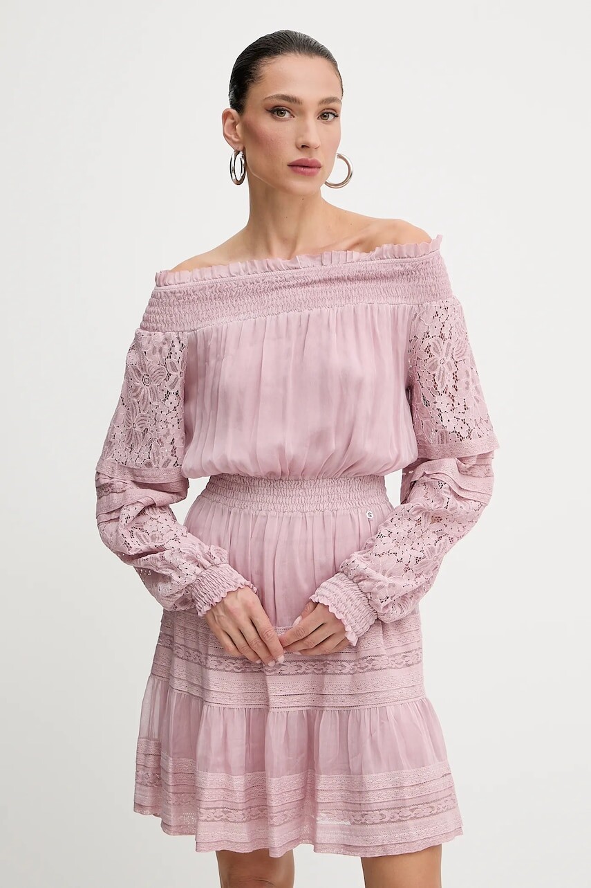Bavlnené šaty Guess AUDREY ružová farba, mini, áčkový strih, W5GK24 WE550