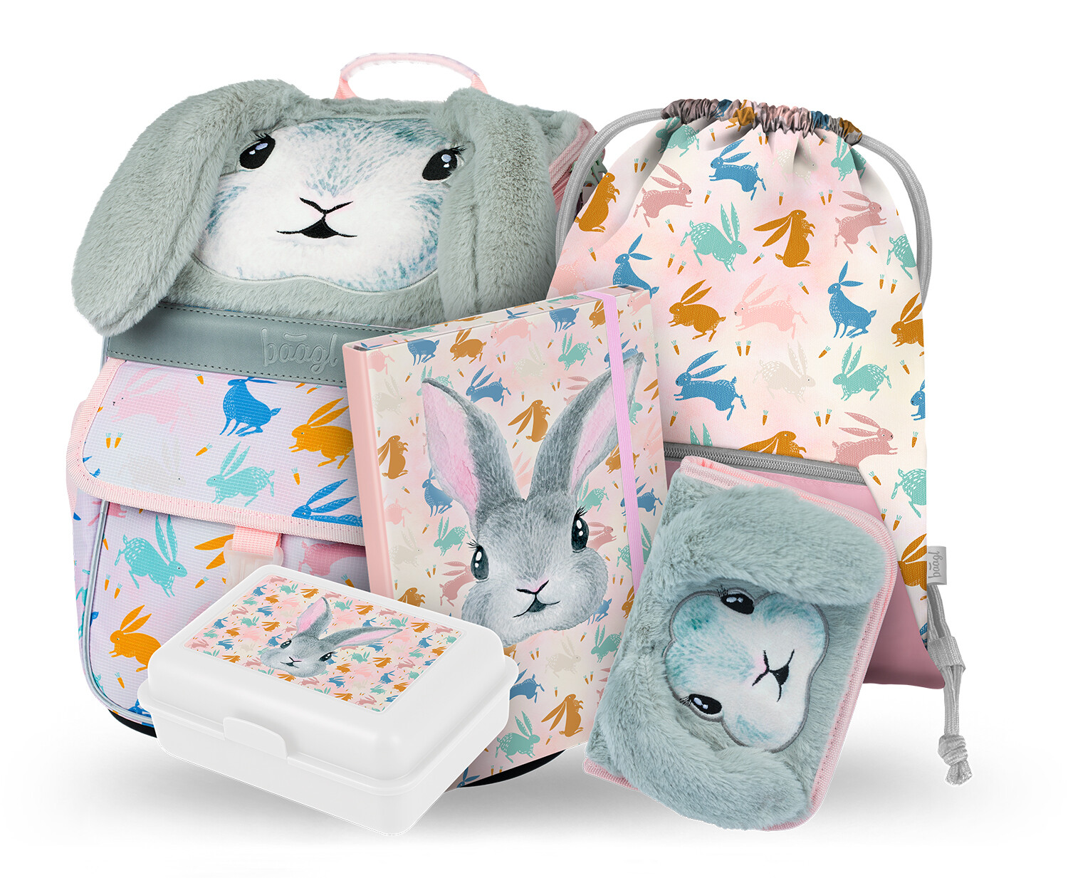 Školská súprava 5 kusov - aktovka, peračník, vrecko, dosky, box BAAGL Zippy Bunny - 18 L