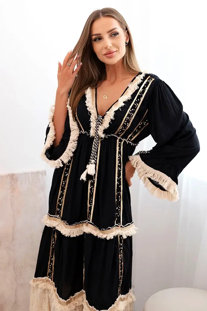 Kesi Włoski Dámske boho šaty s čipkou čierny