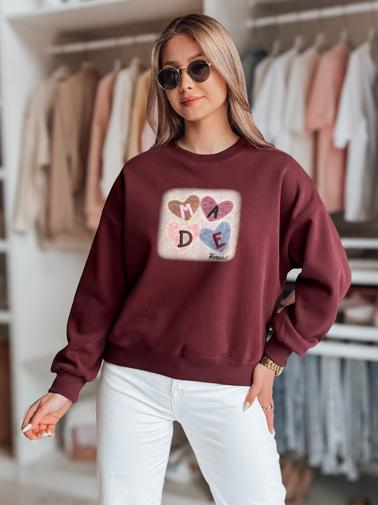 Bluza damske oversiz z sercami MADELIN bordowa Dstreet