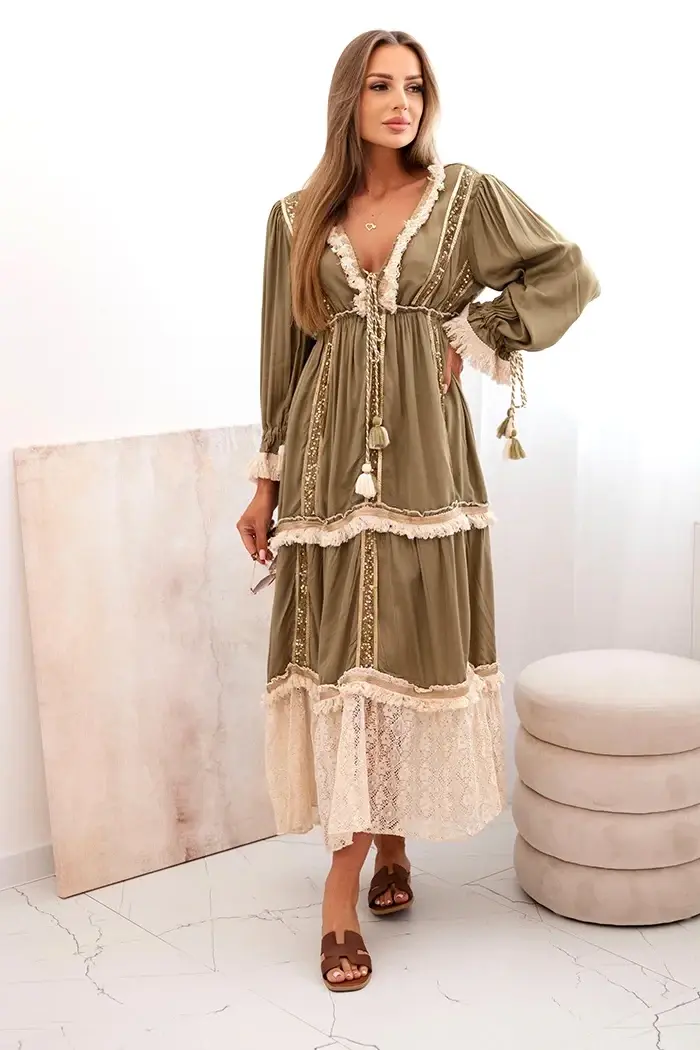 Kesi Włoski Dámske boho šaty s čipkou khaki