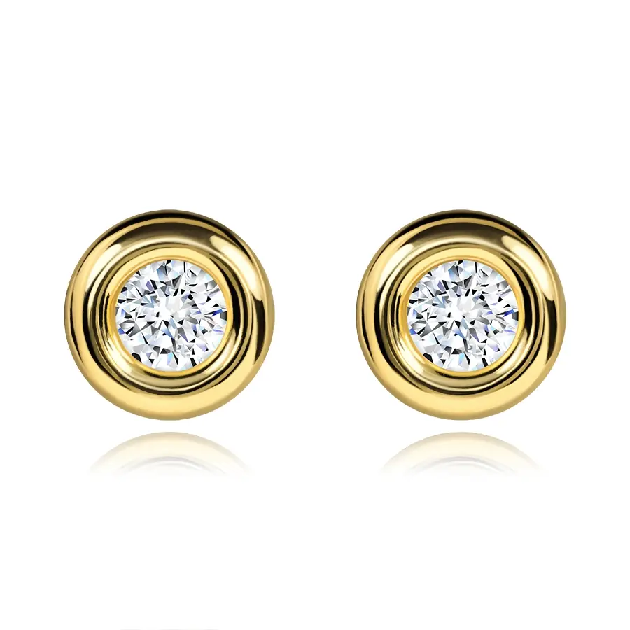 Zlaté náušnice 9K s okrúhlym zirkónom v hladkej obrube