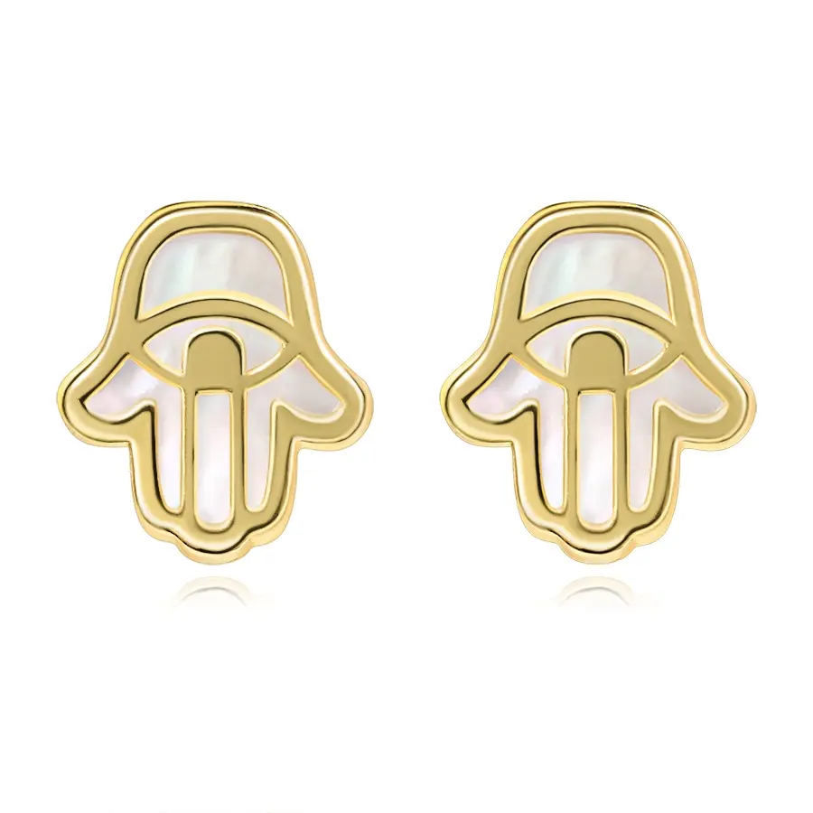Zlaté náušnice 9K symbol Hamsa s prírodnou perleťou