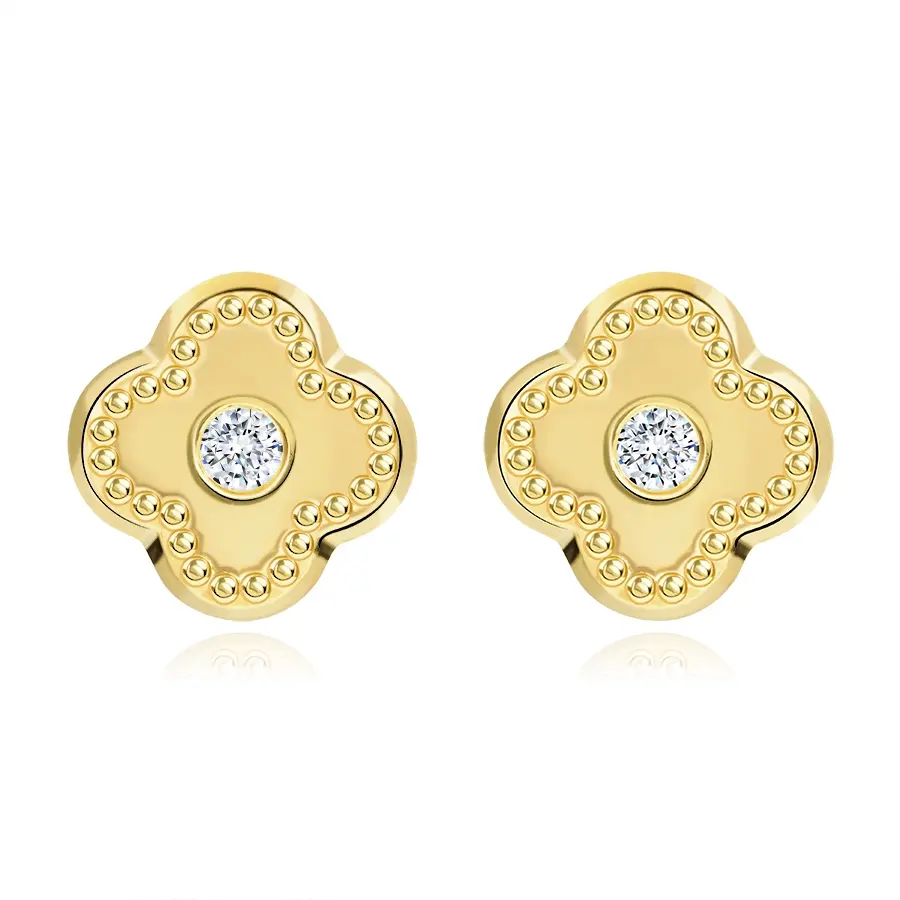 Zlaté náušnice 9K štvorlístok s vrúbkovaným okrajom a zirkónom