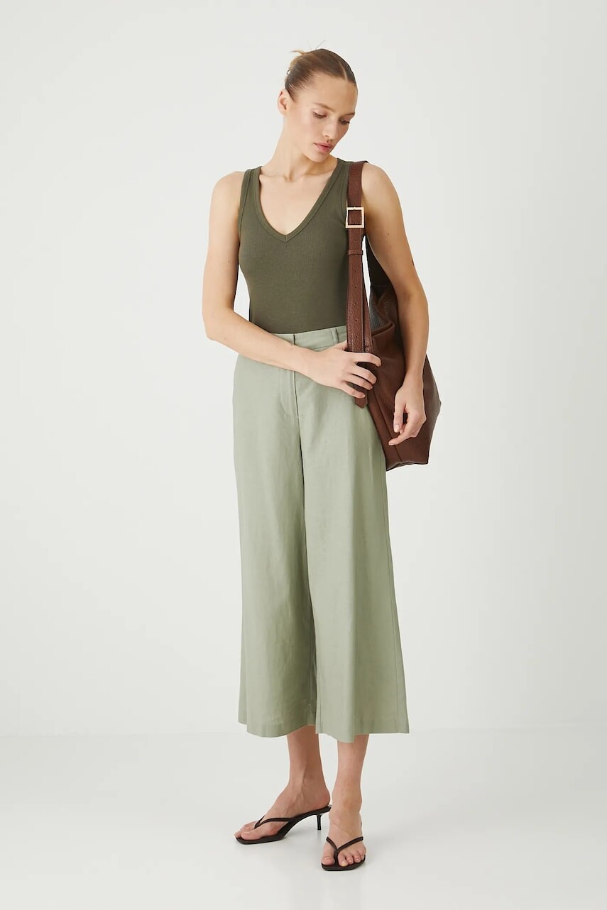 Ľanové nohavice Medicine zelená farba, strih culottes, vysoký pás