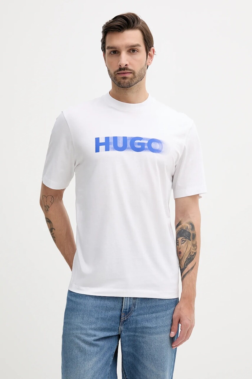 Bavlnené tričko Hugo Blue pánske, biela farba, s potlačou, 50543493