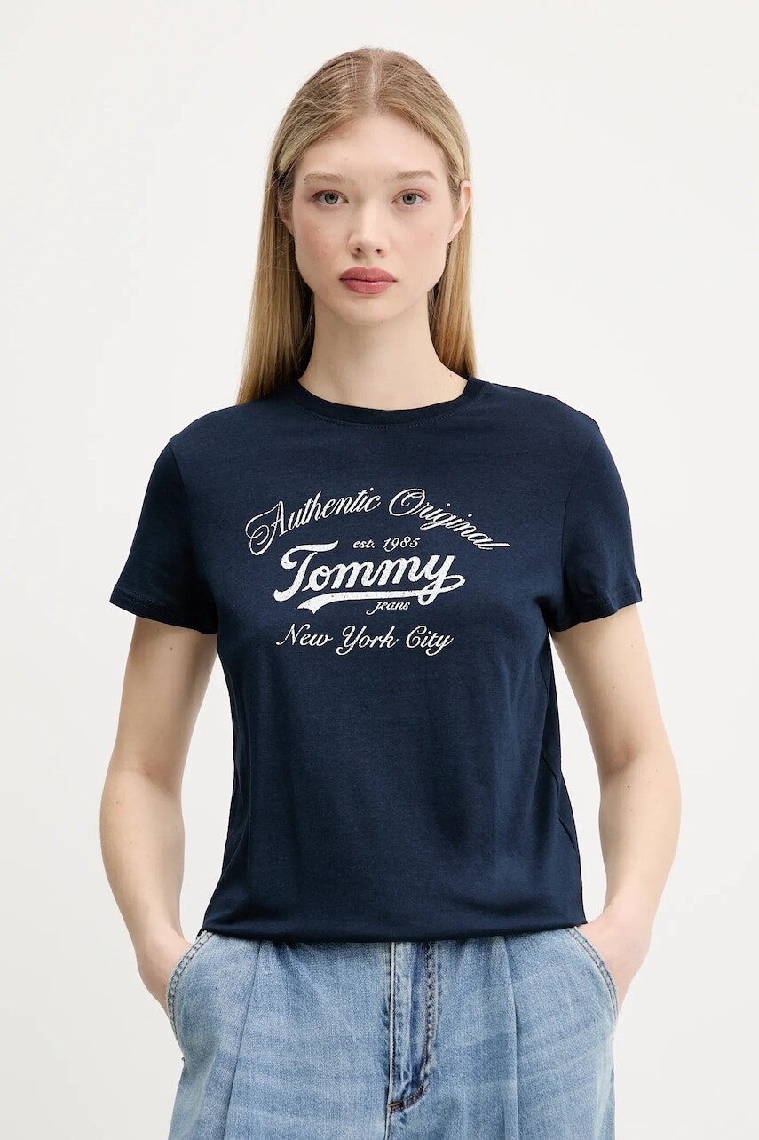 Tričko Tommy Jeans dámske, tmavomodrá farba, DW0DW21404