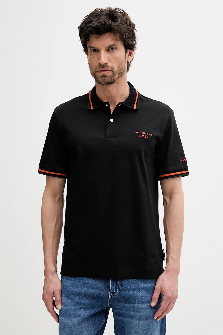 Bavlnené polo tričko BOSS čierna farba, s nášivkou, 50543257