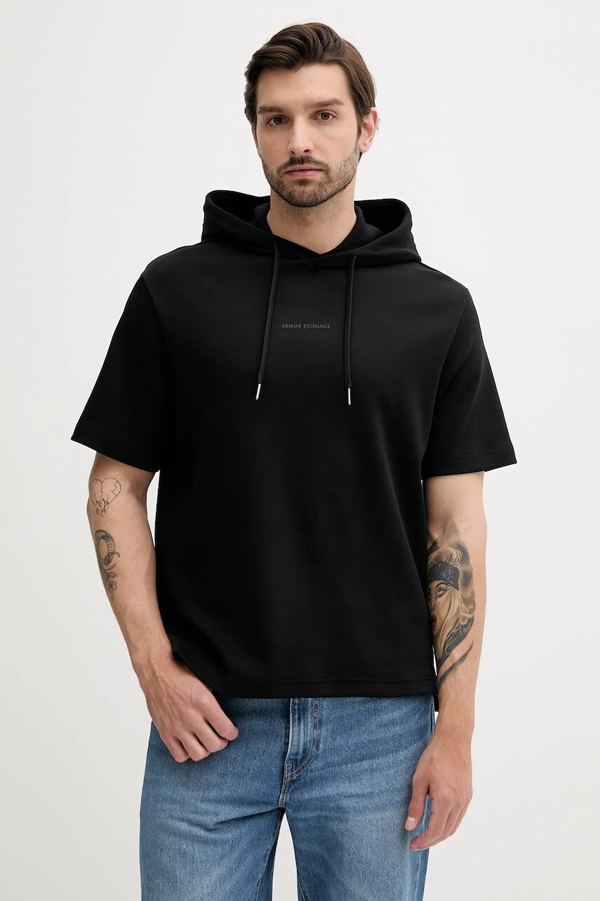 Bavlnená mikina Armani Exchange čierna farba, s kapucňou, s potlačou, XM000495 AF10365
