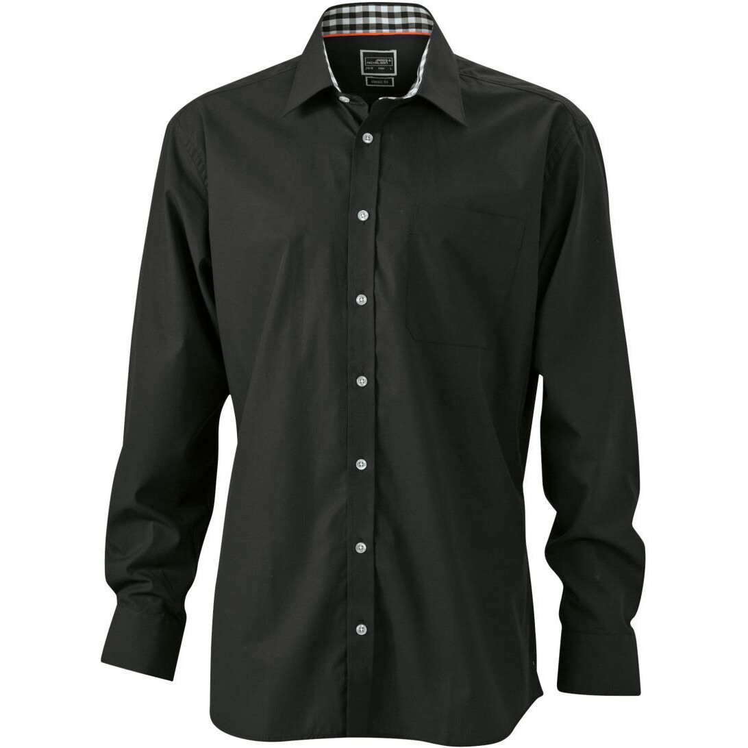 Košeľa s kockovanými vsadkami James & Nicholson 619 - čierna-biela, XXL